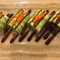 Dragon Roll · Eel and cucumber topped with avocado and tobiko. Prepared with your choice of rice. 