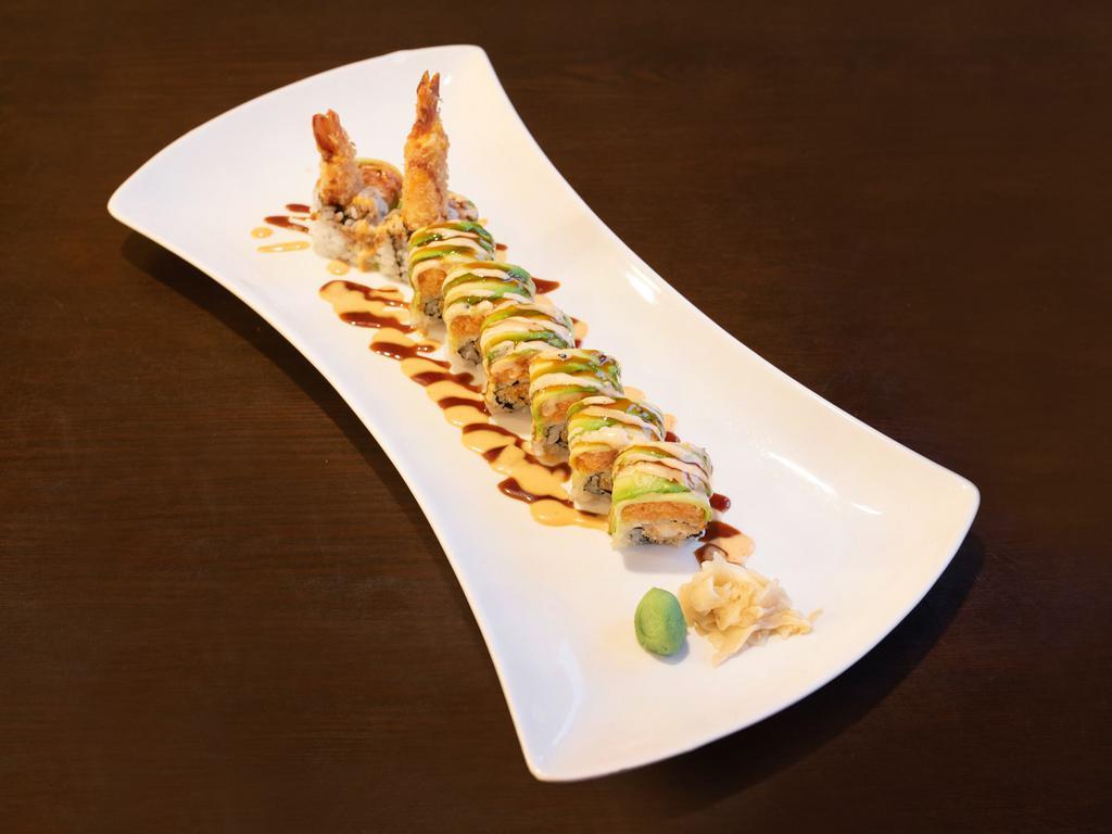 Phoenix Roll · Shrimp tempura, topped with spicy tuna and avocado. Prepared with your choice of rice. 