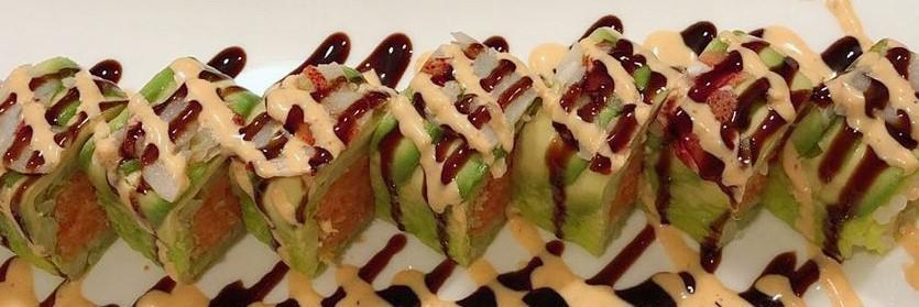 Tendo Roll · Crunchy spicy tuna wrapped with soy paper. Topped with sliced lobster and avocado. Prepared with your choice of rice. 