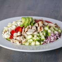 Chopped Chicken Salad · Grilled chicken, lettuce, crispy bacon, bleu cheese, egg, avocado, tomatoes, red onions, cho...
