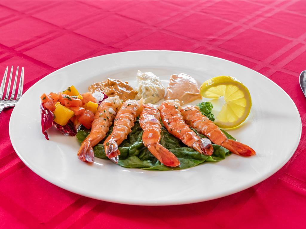Gambas a la Plancha · Gluten-free. Grilled tiger shrimp in garlic lemon butter.
