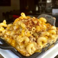 Cheese Burger Mac · Our beef, bread crumbs, cheddar and Monterey Jack cheese.