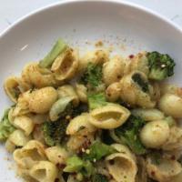 Orecchiette Pugliesi · Fresh homemade orecchiette pasta, broccoli, garlic, red pepper flakes, toasted bread crumbs.