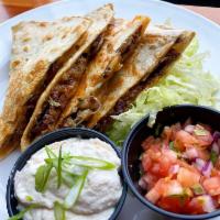 Quesadillas · Served with your choice of sliced chicken breast or pulled pork. Filled with red onions, tom...