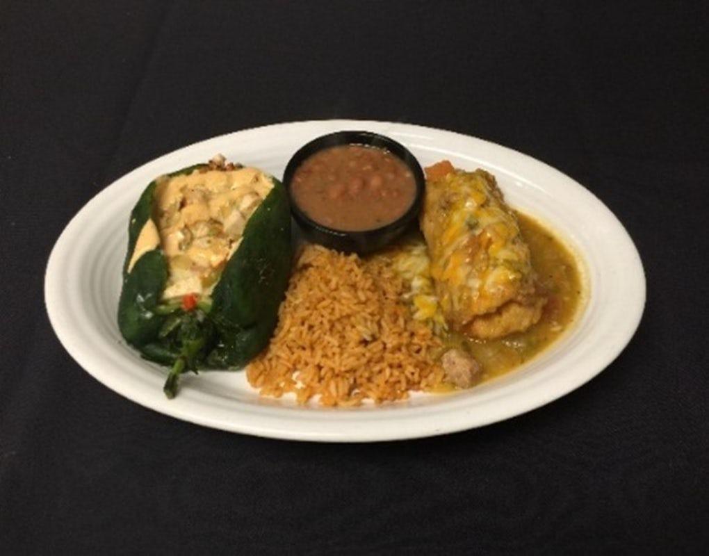 Poblano de Pollo · Fresh, roasted poblano pepper stuffed with grilled chicken, Monterey Jack, Chipotle aioli and tomatillo-corn relish, served with a chile relleno smothered in New Mexico Hatch green chile sauce. Served with Mexican rice and frijoles a la Charra.