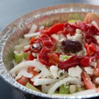 House Salad · Fresh lettuce, red onions, tomatoes, cucumbers, green peppers, pepperoni, salami, black oliv...