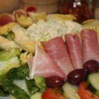 Chef Salad · Fresh lettuce, prosciutto, tomatoes, cucumbers, artichoke hearts, Kalamata olives and Gorgon...