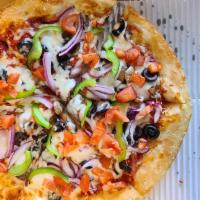 Veggie Pizza · Our vegetable pizza with a delicious master blend of red onions, mushrooms, black olives, gr...
