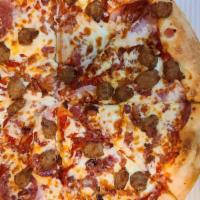 Meat Lovers Pizza · 5 deliciously seasoned meats: pepperoni, Canadian bacon, salami, Italian sausage and bacon b...