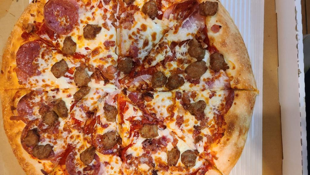 Meat Lovers Pizza · 5 deliciously seasoned meats: pepperoni, Canadian bacon, salami, Italian sausage and bacon bits.