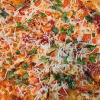 Margherita Pizza · Pizza sauce, fresh garlic, tomatoes, Parmesan cheese and fresh basil.