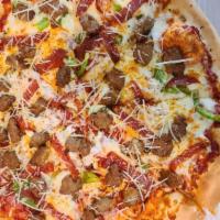 Chicago Way Pizza · A delicious combination of shredded pepperoni, Italian sausage, garlic, red onions, green pe...