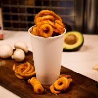 Curly Fries · Double fried and spiral or curled fries.Disclaimer: Food in containers, bag, or cup may get ...