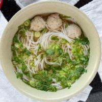 Mealball Noodles · Rice noodle, beef broth, meatballs, red onions, green onions and cilantro. 