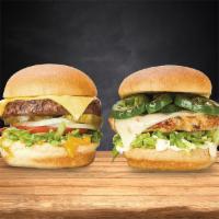 Duo Burger · 2 burgers. American cheese, lettuce, tomato, pickles onions and house sauce.