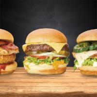 Trio Burger · 3 burgers. American cheese, lettuce, tomato, pickles onions and house sauce.