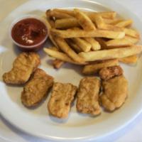 CHICKEN NUGGETS · Chicken nuggets (five pieces) served with fries