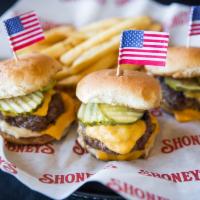 Shoney's Sliders · 3 fresh, hand-pattied, grain-fed, 100% ground beef mini-burgers topped with American cheese ...