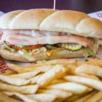Slim Jim Sandwich · Grilled, smokehouse ham served on a toasted hoagie with melted Swiss cheese, tomatoes, lettu...