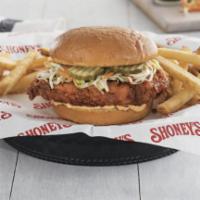 Shoney's Spicy Chicken Sandwich · Fresh, hand-breaded chicken breast fried and covered with hot, spicy sauce, topped with pick...