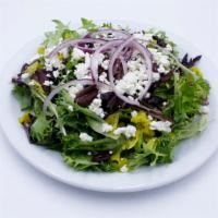 Greek Salad · Red leaf lettuce, peperoncini, Kalamata olives, Feta cheese and red onions, tossed with bals...