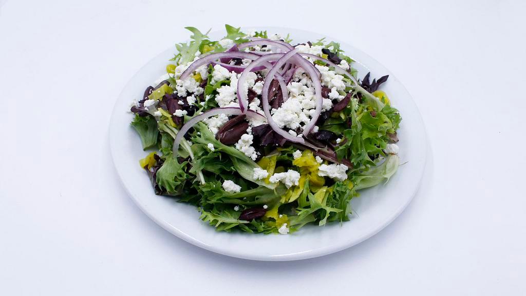 Greek Salad · Red leaf lettuce, peperoncini, Kalamata olives, Feta cheese and red onions, tossed with balsamic vinaigrette
