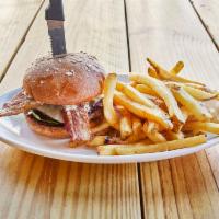 Bison and Bacon Burger Meal · American raised bison with thick cut bacon, Swiss cheese, jalapeno bacon jam, lettuce, tomat...