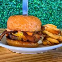 BBB Bacon Burger Meal · 50/50 beef and bacon blend, bacon American cheese, thick cut bacon, sunny side up egg and ba...