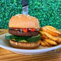 Eat Your Veggies Burger Meal · Quinoa veggie patty with roasted red peppers, avocado and cucumbers with garlic aioli on a h...