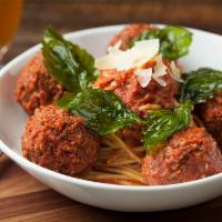 Slater's Spaghetti and Bacon Meatballs · House made 50/50 bacon beef meatballs, shaved Parmesan and basil on a mountain of spaghetti,...