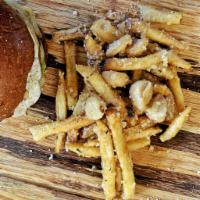 Garlic Parmesan Fries · Roasted garlic, Parmesan, herbs and roasted garlic aioli.