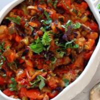 Shaksuka (Turkish style, no eggs) · Sauteed and baked medley of eggplant, zucchini, peppers, tomatoes with garlic and extra virg...