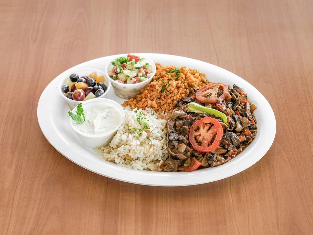 Karniyarik choice of Vegan or w/Meat · Stuffed Eggplant with choice of portobello mushrooms or ground angus beef with a mix of sauteed peppers, chopped onions, tomatoes, dill, garlic, parsley, and spices. Served with a side of bulgur pilav, rice, cacik and coban salad.