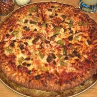Diavolo Pizza · Spicy arrabbiata sauce, shredded mozzarella, chorizo, giardiniera, oregano