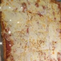 Sicilian Pizza · 12 slices. Square pie with mozzarella cheese and tomato sauce.