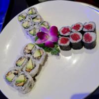 Maki Combo A · California roll, tuna roll and eel avocado roll. Served with miso soup or salad.