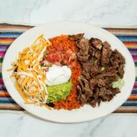 Burrito Bowl · No tortilla. Choice of protein, rice, beans, guacamole, sour cream and melted cheese.