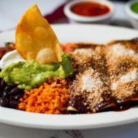 Enchiladas de Mole · 2 semi-fried tortillas filled with meat or vegetables. Topped with mole and ground Cotija ch...