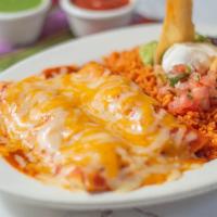 Enchiladas Rojas · 2 semi-fried tortillas filled with meat or vegetables. Topped with fresh mild red sauce and ...