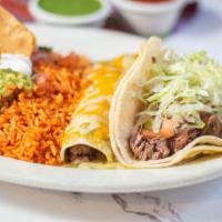 Taco and Enchilada Combo · Soft or crispy taco and choice of enchilada. Served with rice, beans, guacamole, pico de gal...