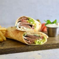 Gyro Sandwich · Beef lamb gyro topped with pickles, onions tomatoes, and tzatziki sauce. Served with your ch...