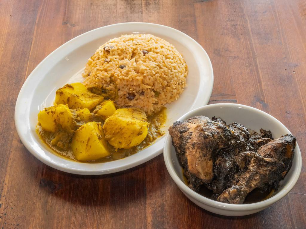 Jamaican Jerk Chicken Plate · Marinated chicken baked in spicy jerk. Served with rice and choice of vegetable.