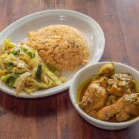Bone-in Curried Chicken Plate  · Marinated chicken slow cooked in a seasoned curry sauce. Served with rice and choice of vege...