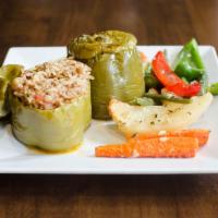 Gemista · Stuffed Peppers. Served with Greek salad.