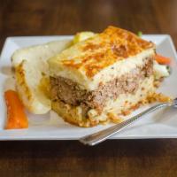 Pastichio · Layers of ground beef and pasta with bechamel sauce. Served with Greek salad.