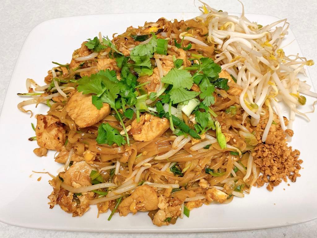 Pad Thai Chicken · Rice noodle stir fried with eggs, bean sprout, green onion and cilantro