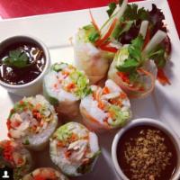 Fresh Spring Roll Shrimp · Freshly rolled with iceberg lettuce, carrot, cilantro, rice noodle snd shrimp served with pe...