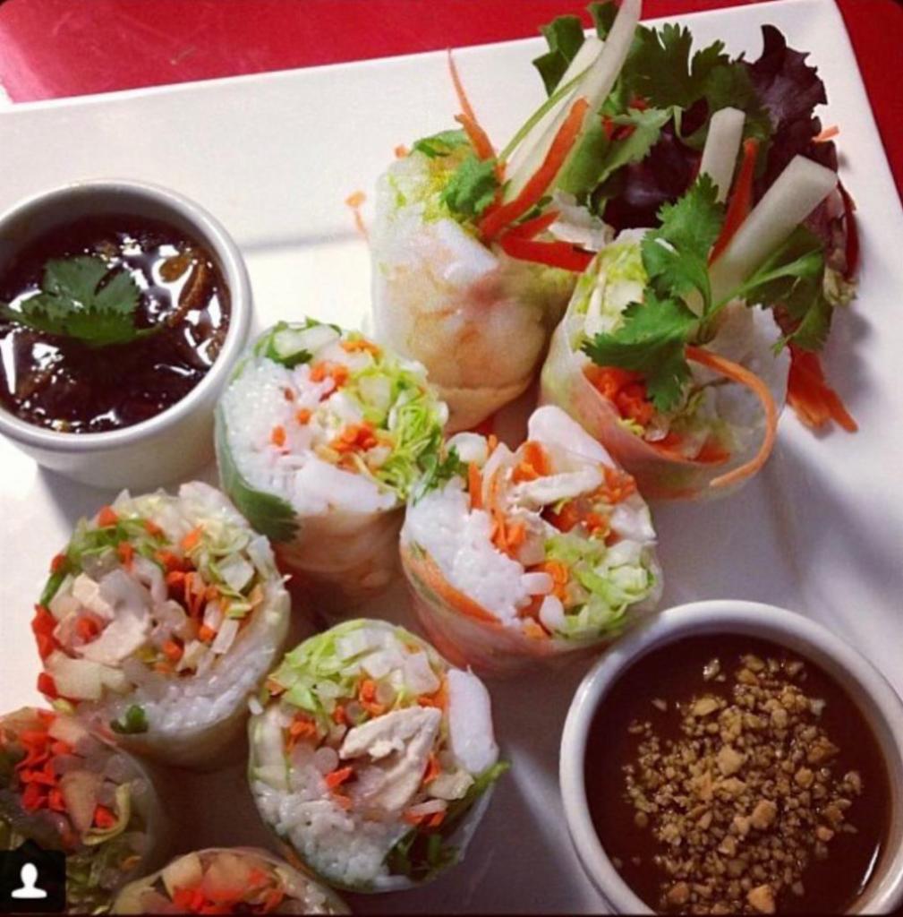 Fresh Spring Roll Shrimp · Freshly rolled with iceberg lettuce, carrot, cilantro, rice noodle snd shrimp served with peanut sauce. 