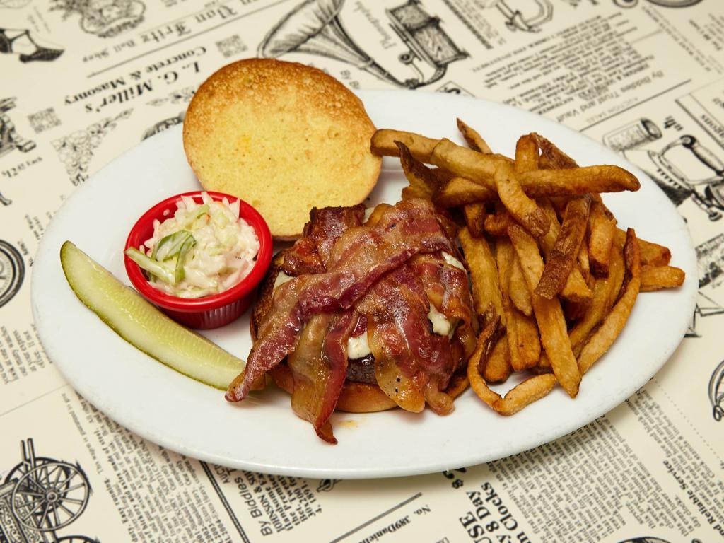 Triple B Burger · Blackened fitz dry rubbed burger with blue cheese & bacon.