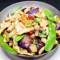 Thai Spicy Eggplant with Chicken · Served with fresh mushrooms, straw mushrooms, snow peas, sweet pepper, bamboo shoots, basil ...